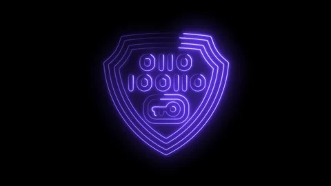 Neon security shield with binary code and key animation on black background Stock Footage 312309344