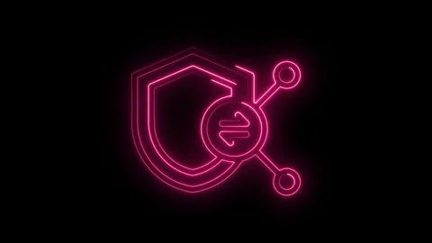 Neon security shield with data exchange technology bright pink isolated on black Stock Footage 330785206