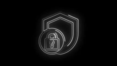Neon security shield with padlock icon glowing white on black background di.. Stock Footage 346139835