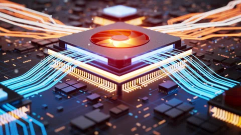 Neon semiconductor chip with energy streams Stock Footage 341884781