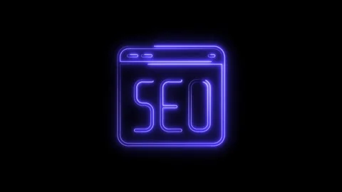 Neon seo browser window icon glows vividly on black background animated eleme Stock Footage 314541543