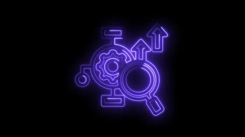 Neon seo optimization diagram on black background with magnifying glass and.. Stock Footage 312310831