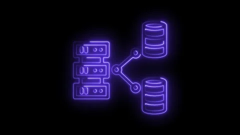 Neon server and database connection illustration animated on black background Stock Footage 322961343