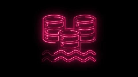 Neon server farm icon floating in water animated illustration on black back.. Stock Footage 346003089