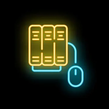 Neon server icon connecting with computer mouse on black background 스톡 일러스트