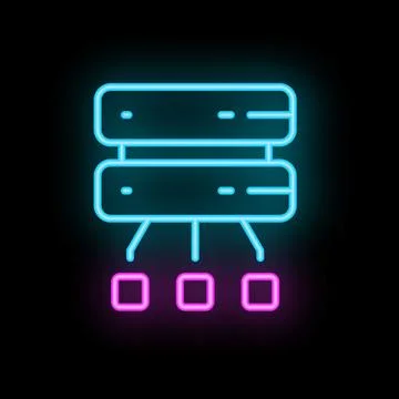 Neon server icon connecting to three devices on black background Illustrazione stock