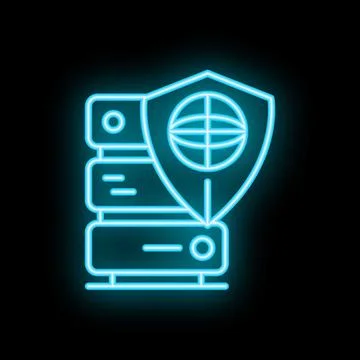 Neon server icon protecting world with shield Stock Illustration