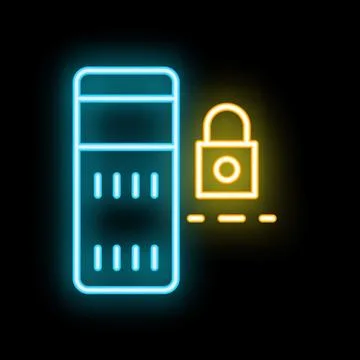 Neon server icon secured with a padlock on black background Stock Illustration