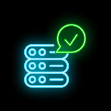 Neon server icon showing approved data storage symbol on black background Illustrazione stock