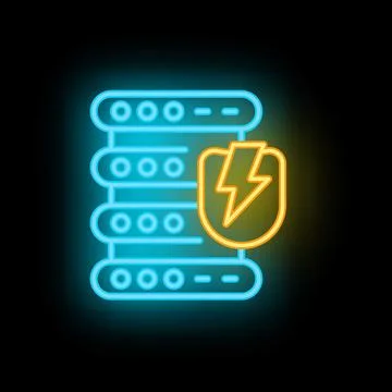 Neon server icon showing secured data storage with lightning protection Illustrazione stock