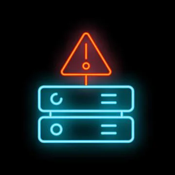 Neon server icon showing warning sign for data loss or virus 库存插图