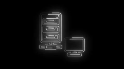 Neon server rack and computer monitor icon glowing on black background digital Vídeos de archivo 333958028