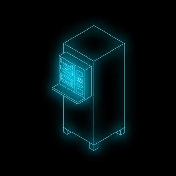 Neon server rack glowing on dark background Stock Illustration