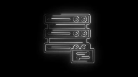 Neon server rack icon with data transfer arrows glowing on black background Stock Footage 333958163