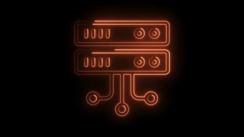 Neon server rack icon glowing on black background for digital infrastructure Video stock 322974961