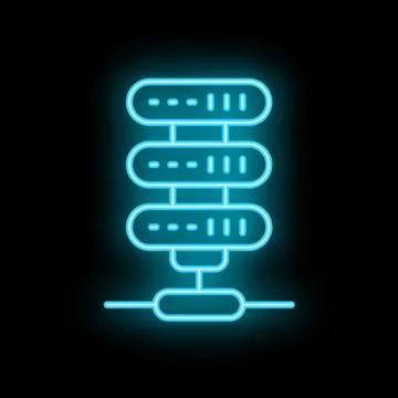 Neon server rack icon glowing on dark background Stock Illustration