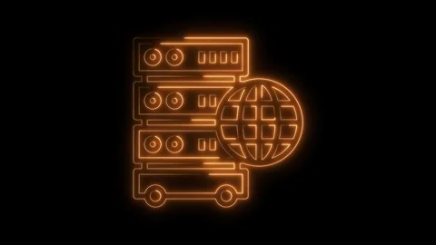 Neon server racks and globe network icon animation on black background for Stock Footage 322991027