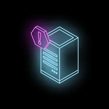 Neon server showing exclamation point warning sign on black background Stock Illustration