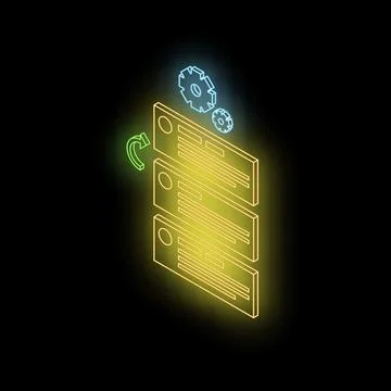 Neon server updating with rotating gears and refresh icon Illustrazione stock