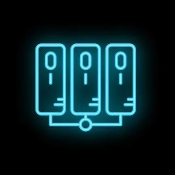 Neon servers network icon glowing on dark background Illustrazione stock