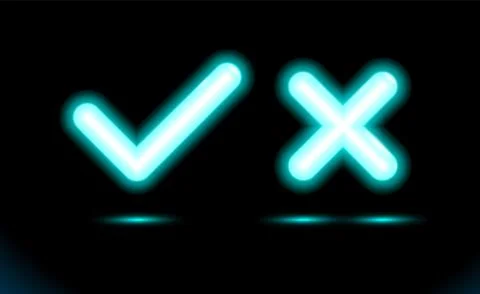 Neon set blue lamp checkmark and crosshair icon tick symbol. Modern ui sign Stock Illustration