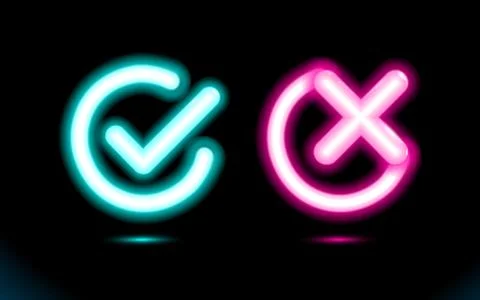 Neon set blue lamp checkmark with pink crosshair icons in a circle. Stock Illustration