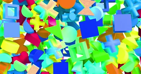 Neon shapes drifting from top, overlapping and rotating to form 3D field on Stock Footage 347311577