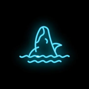 Neon shark fin surfacing from ocean waves on black background Stock Illustration