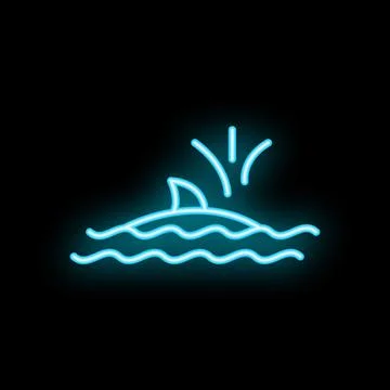 Neon shark fin surfacing from ocean waves at sunset Stock Illustration