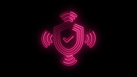 Neon shield with check mark and wireless signal security assurance concept Stock Footage 330785063