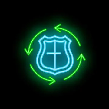 Neon shield circulating with green arrows on black background Illustrazione stock