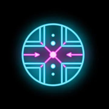 Neon shield icon with arrows and glowing center on dark background Stock Illustration