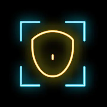Neon shield icon glowing inside viewfinder frame 库存插图