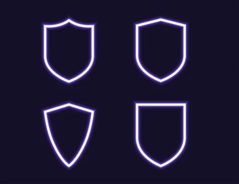 Neon Shield Icon Set, Glowing Security and Protection Emblems. Stock Illustration