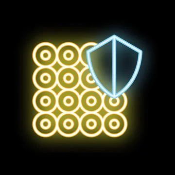 Neon shield protecting data storage icon glowing on dark background Stock Illustration