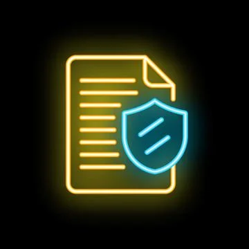 Neon shield protecting document icon for digital security concept Stock Illustration