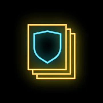 Neon shield protecting documents icon glowing on dark background Stock Illustration