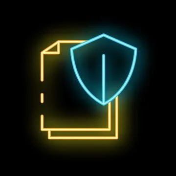 Neon shield protecting documents icon glowing on dark background Stock Illustration