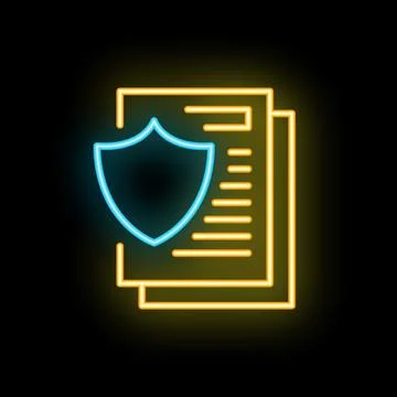 Neon shield protecting documents icon glowing on black background Stock Illustration