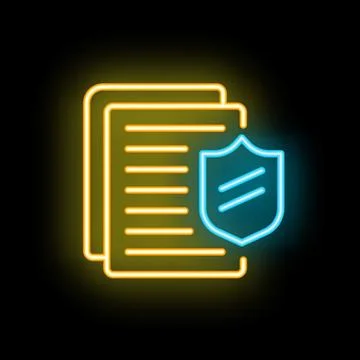 Neon shield protecting documents icon illustrating data protection Stock Illustration
