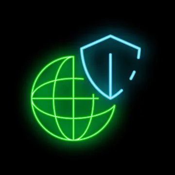 Neon shield protecting earth globe icon glowing on dark background Illustrazione stock