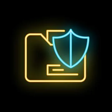 Neon shield protecting folder icon on black background イラスト素材