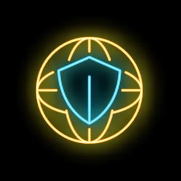 Neon shield protecting globe icon for global security concept Stock Illustration