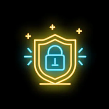 Neon shield protecting padlock icon on black background イラスト素材