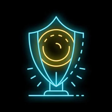Neon shield protecting a smiley face on black background Stock Illustration