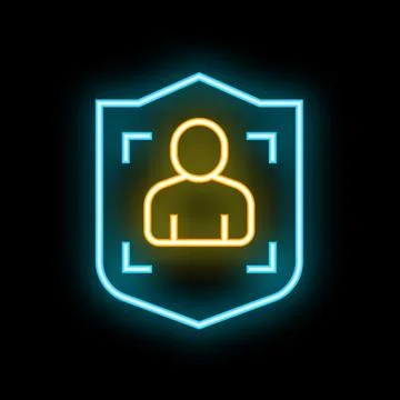 Neon shield protecting user data with facial recognition Stock Illustration