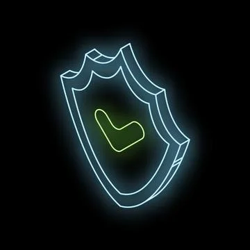 Neon shield providing security and showing check mark symbol on black backg.. Stock Illustration