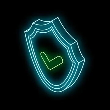 Neon shield providing security with glowing check mark on black background Stock Illustration