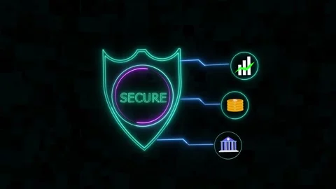 Neon shield with secure text glowing on dark animated background, Digital c.. Stock Footage 334218109