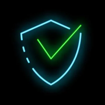 Neon shield showing check mark symbolising security and safety Stock Illustration